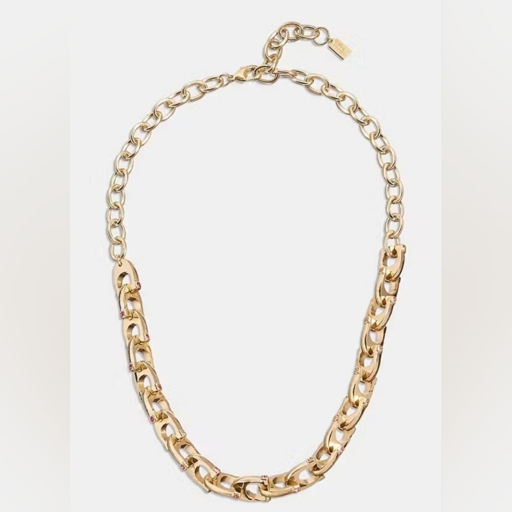 Coach Chunky Signature Chain Link Necklace/Pink Stones